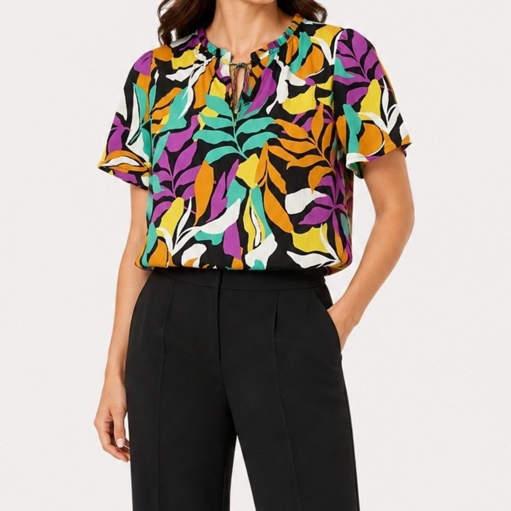 Nine West Blouse Women XS Multicolor Tropical Leaf Print Casual Boho Top